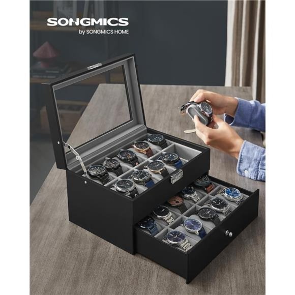 20-Slot Watch Box Watch Case with Glass Lid 2 Layers Lockable Watch Display Case - Picture 2 of 6